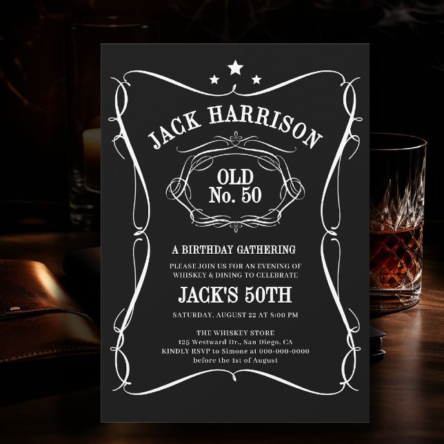 Whiskey Black White Label Old nr 50-årsdag Inbjudningar (birthday party invitation for men 50th whiskey bourbon bottle label white black old no elegant class)