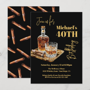 Whiskey Bourbon och Cigar Birthday guld tray Inbjudningar