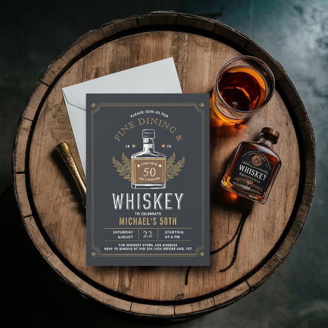 Whiskey Dining Åldras till Perfektion 50:e födelse Inbjudningar (whiskey 50th birthday party invitation men husband partner elegant modern classy aged to perfection)