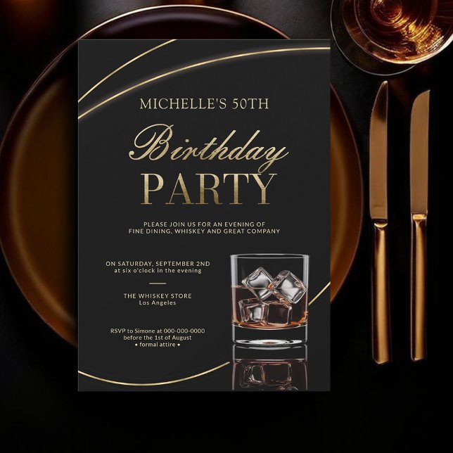 Whiskey Dinner Cocktails Calligraphy 50 Birthday Inbjudningar (whiskey lover 50th birthday invitation women dinner party cocktail elegant black gold calligraphy)