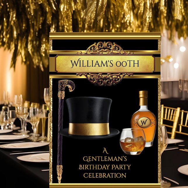 Whiskey gentlemen Elegant Guld Black Birthday Inbjudningar (Skapare uppladdad)