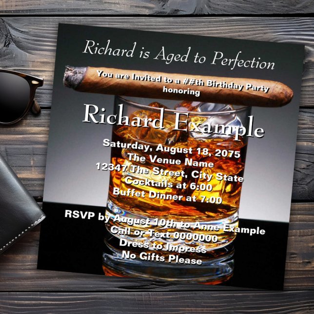 Whiskey och cigarfödelsedagsfest inbjudningar (Whiskey and cigar birthday party invitation and any occasion or event. All text can be changed.)