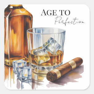 Whiskey och cigarr mäns födelsedagsfest fyrkantigt klistermärke