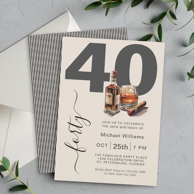 Whiskey och Cigars Masculine 40:e födelsedagen Par Inbjudningar (Available as printed and paperless digital download!)