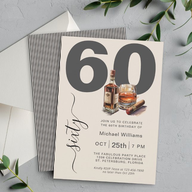 Whiskey och Cigars Masculine 60:e Födelsedagsfeste Inbjudningar (Available as printed and paperless digital download!)