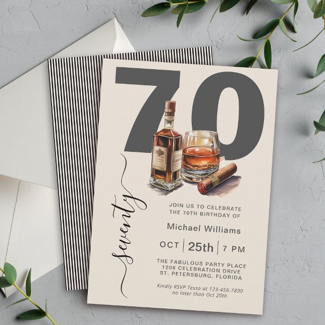 Whiskey och Cigars Masculine 70:e Födelsedagsfeste Inbjudningar (Available in both printed and instant download digital formats.)