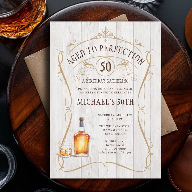 Whiskey Perfektion Rustik Vit Trä 50-årsdag Inbjudningar (birthday party invitation for men 50th whiskey bourbon aged to perfection western barn rustic wood)