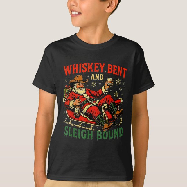 Whiskey Sleigh Bound Cowboy Santa Christmas  T Shirt (Framsida)