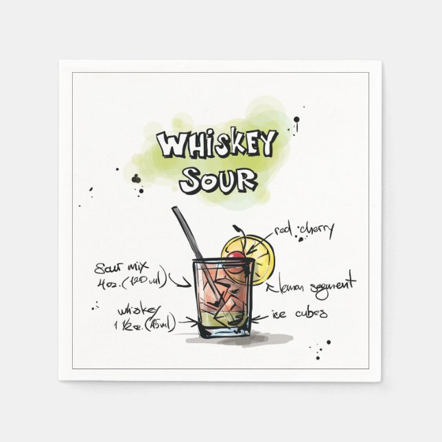 Whiskey Sour Drink Recipe Cocktail Napkin Pappersservett (Framsidan)