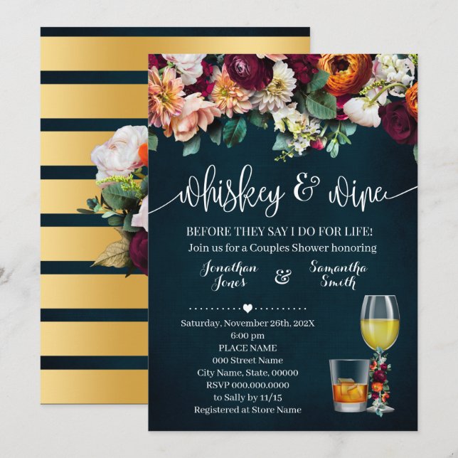 Whiskey & Vin Flowers Par Shower Bröllop Inbjudningar (Fram/baksida)