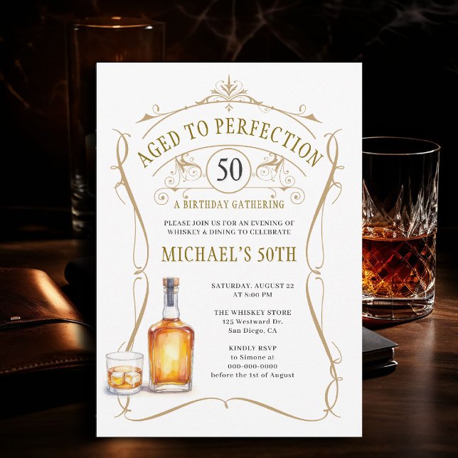Whisky Åldrad till Perfektion Rustig 50-årsdag Inbjudningar (birthday party invitation for men 50th whiskey bourbon aged to perfection rustic western template)