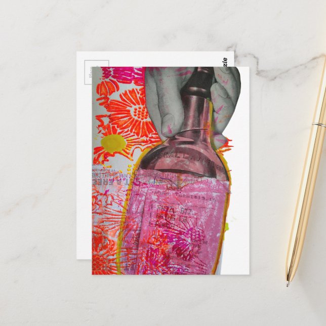 Whiskyflaska Rosa Orange Mixed Media Collage Vykort (Fram/Back In Situ)