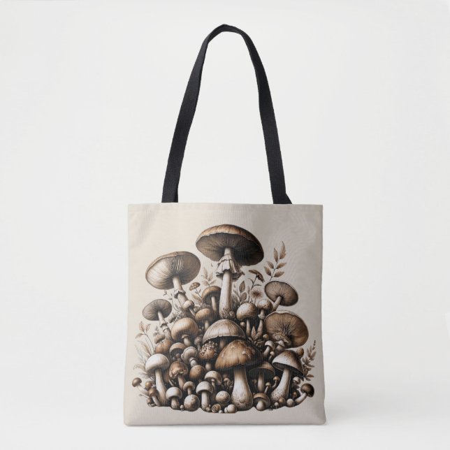 Whispering Skogen: Seamless Mushroom Mönster Colle Tygkasse (Framsida)