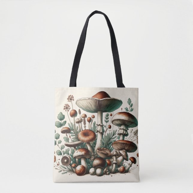 Whispering Skogen: Seamless Mushroom Mönster Colle Tygkasse (Framsida)