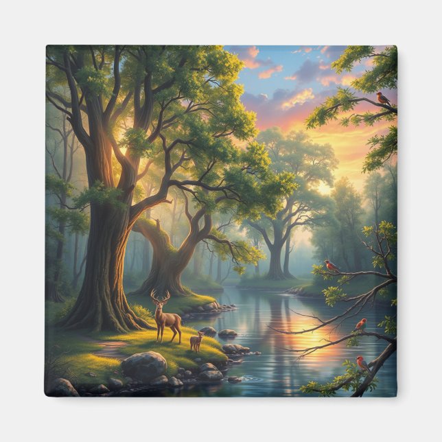 Whispering Skogen vid Dawn Nature Artwork Magnet (Framsidan)