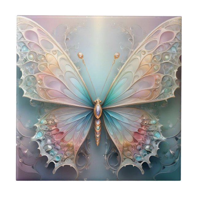 Whispers of Färg: Pastel Fractal Butterfly Dream Kakelplatta (Framsidan)