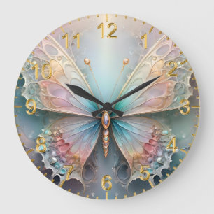 Whispers of Färg: Pastel Fractal Butterfly Dream Stor Klocka