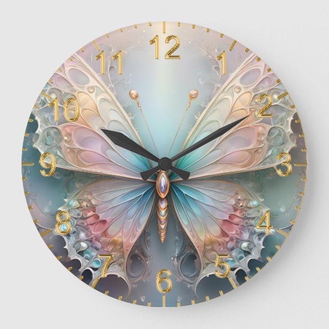 Whispers of Färg: Pastel Fractal Butterfly Dream Stor Klocka (Framsida)