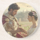 Whispers of Love in the Castle Gardens Underlägg<br><div class="desc">This design is deeply special to me because it represents a kind of love that needs no explanation—only to be felt and honored. Set outside a castle, surrounded by wildflowers, the scene shows two lovers from the time of King Arthur. One, a noble knight, presents a red box to his...</div>