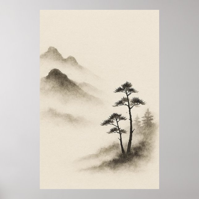 Whispers of Mist: Ink-Wash Mountain Tranquility Poster (Framsidan)