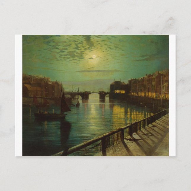 Whitby Harbour av Moonlight John Atkinson Grimshaw Vykort (Framsida)