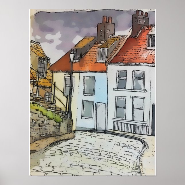 Whitby Steps Scarborough Original Painting Poster (Framsidan)