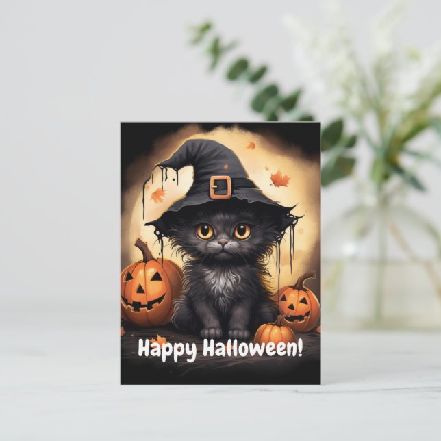 Whitchy Black Kattunge Pumpkin Halloween Vykort (Stående Fram)