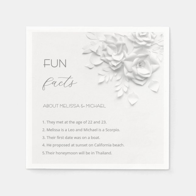 White 3D Flowers Roses Fun Facts Wedding  Pappersservett (Framsidan)