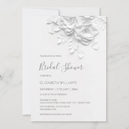 White 3D Flowers Roses Minimalist Bridal Shower Inbjudningar
