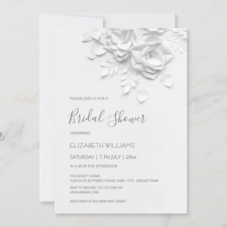 White 3D Flowers Roses Minimalist Bridal Shower  Inbjudningar