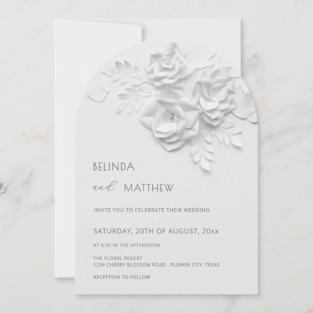 White 3D Flowers Roses Minimalist Wedding Inbjudningar (Framsida)