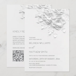 White 3D Flowers Roses Simple Wedding Inbjudningar