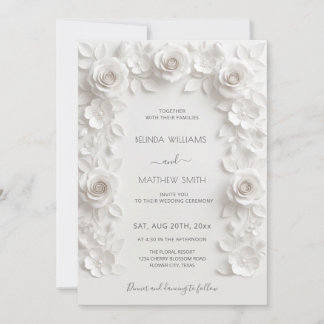 White 3D Roses Frame Wedding Minimalist Inbjudningar