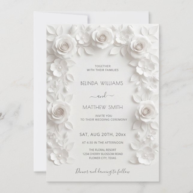 White 3D Roses Frame Wedding Simple Inbjudningar (Framsida)