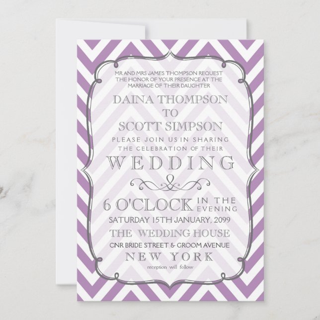 White & African Violet Chevron Rand Bröllop Inbjudningar (Framsida)