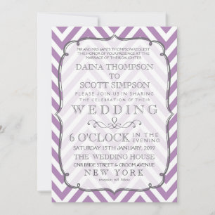 White & African Violet Chevron Rand Bröllop Inbjudningar