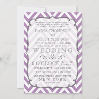 White & African Violet Chevron Rand Bröllop Inbjudningar