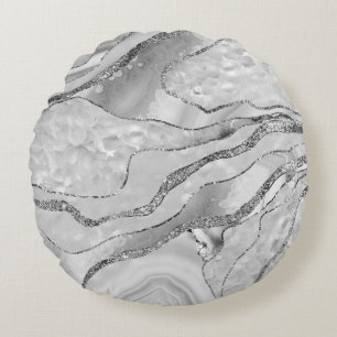 White Agate Silver Glitter Glam #1 (Faux Glitter) Rund Kudde