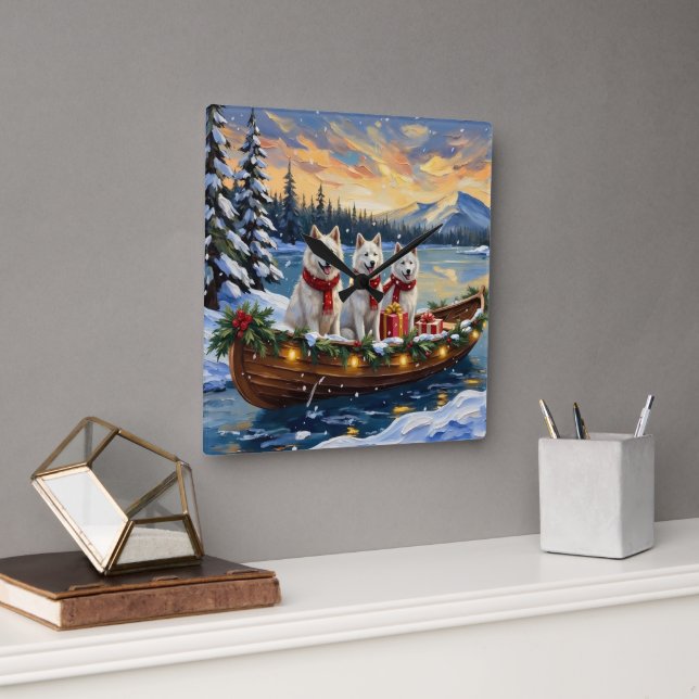 White American Eskimo Dog Christmas Boat Holiday Fyrkantig Klocka (Kontor)
