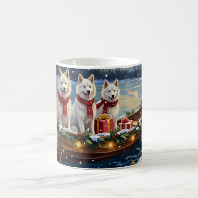 White American Eskimo Dog Christmas Boat Holiday Kaffemugg (Center)