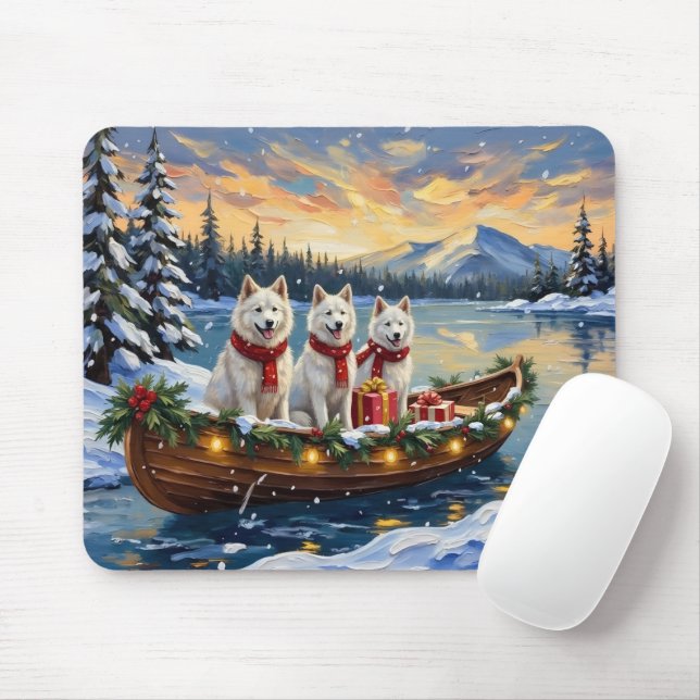 White American Eskimo Dog Christmas Boat Holiday Musmatta (Med mus)