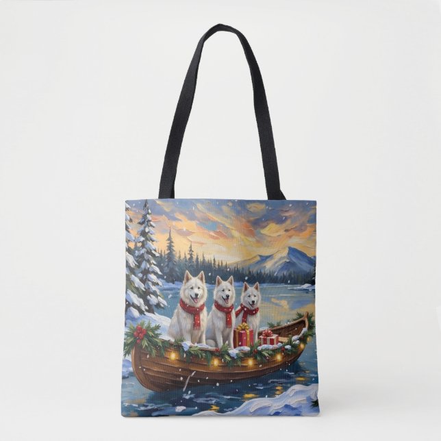 White American Eskimo Dog Christmas Boat Holiday Tygkasse (Framsida)