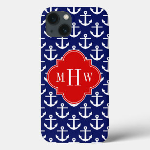 White Anchors Navy Blue, Red 3 Initial Monogram