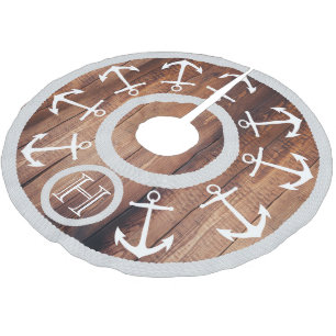 White Anchors och Rope Nautical Mörk Wood Monogram Julgransmatta Borstad Polyester