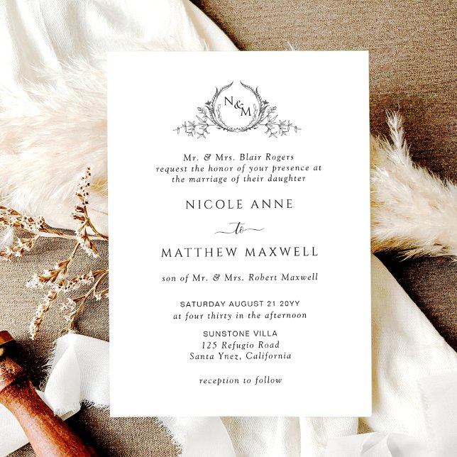 White and Black, Formal Elegant Monogram Wedding Inbjudningar (Skapare uppladdad)