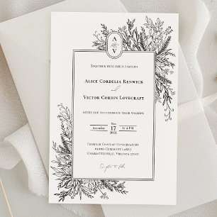 White and Black Greenery Bröllop Monogram Inbjudningar