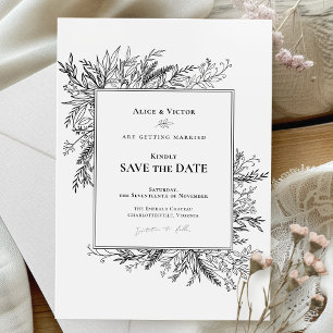 White and Black Greenery Bröllop Monogram Spara Datumet