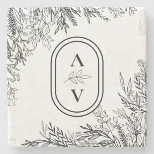 White and Black Greenery Bröllop Monogram Stenunderlägg