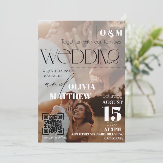 White and black Magazine Cover Wedding  Invitation Inbjudningar (Stående Fram)