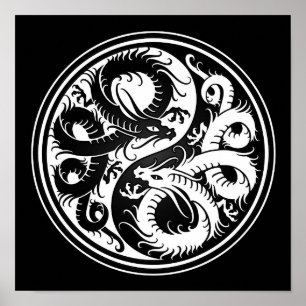 White and Black Yin Yang Chinese Dragons Poster